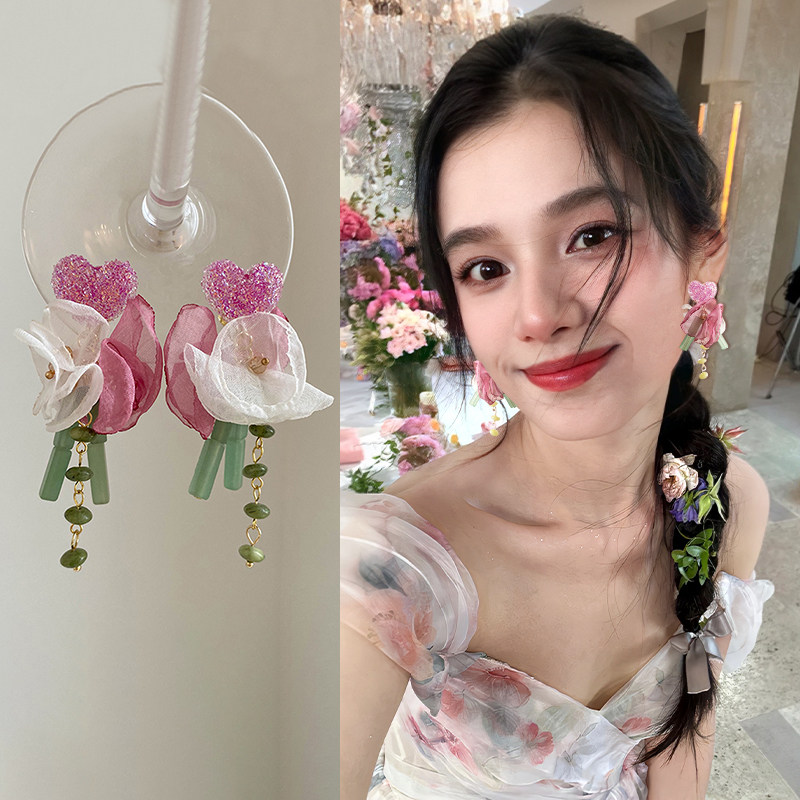 粉色花朵蚊香盘耳夹无耳洞女新款耳环高级夸张大耳坠海边度假耳饰