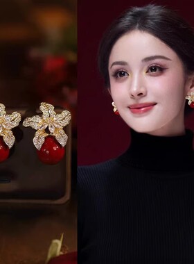 红色花朵珍珠款耳夹无耳洞女轻奢高级感小众耳环秋冬独特绝美耳饰