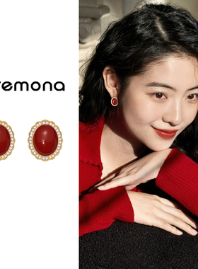 复古红色耳钉女轻奢高级感法式s925银针耳环2026新款爆款小众耳饰