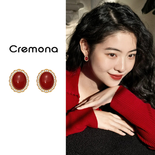 复古红色耳钉女轻奢高级感法式s925银针耳环2026新款爆款小众耳饰