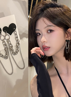 黑色爱心长款耳钉女气质新款爆款甜酷个性耳环耳坠简约冷淡风耳饰