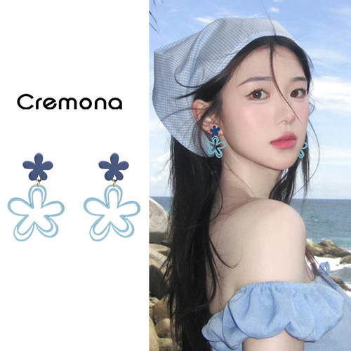 蓝色花朵三角耳夹无耳洞新款耳环