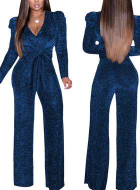 Sleeve V-neck Rompers Fashion Overalls Slim Long Jumpsuits