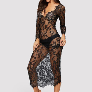 Erotic lingerie hollow see-through lace long sleeve dress