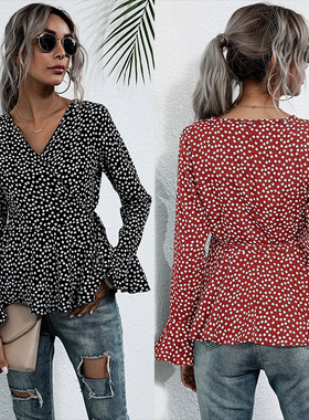 Pullover V-Neck Polka Dot Black Shirt套头V领波点黑色衬衫上衣