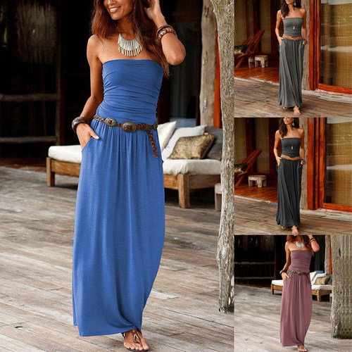 Dress Womens Bandeau Shoulder Long Dress连衣裙女抹胸印花长裙