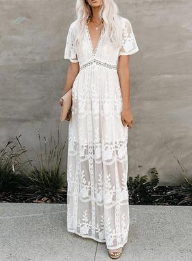 White Beach Dress Lady Patchwork Dresses白色沙滩裙拼布连衣裙