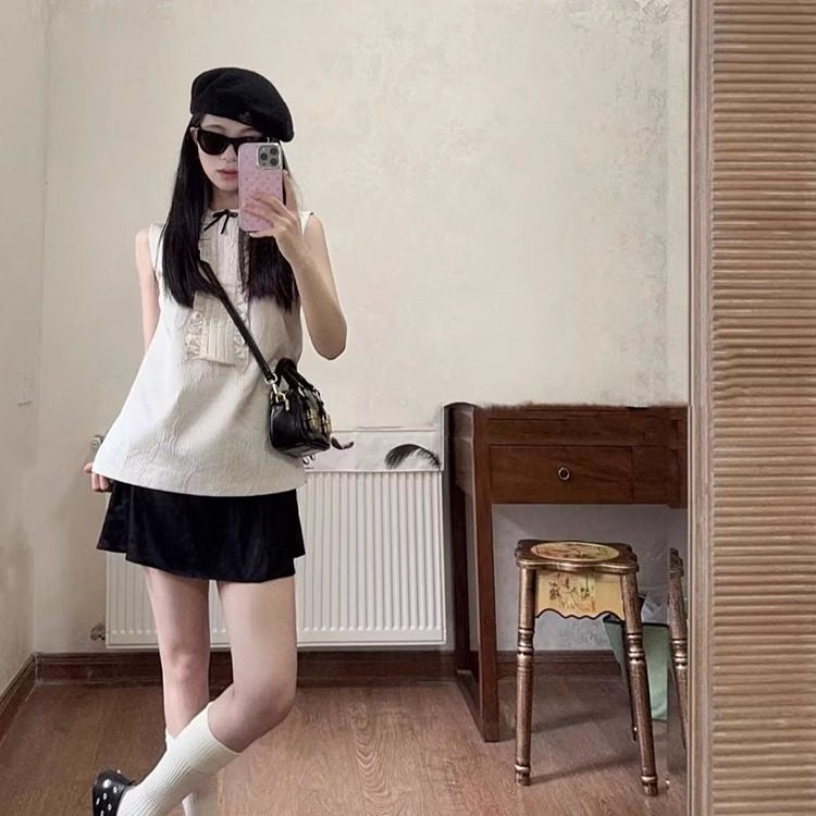 TE shushu 网红同款新中式甜美无袖上衣女提花蝴蝶结清冷可爱衬衫