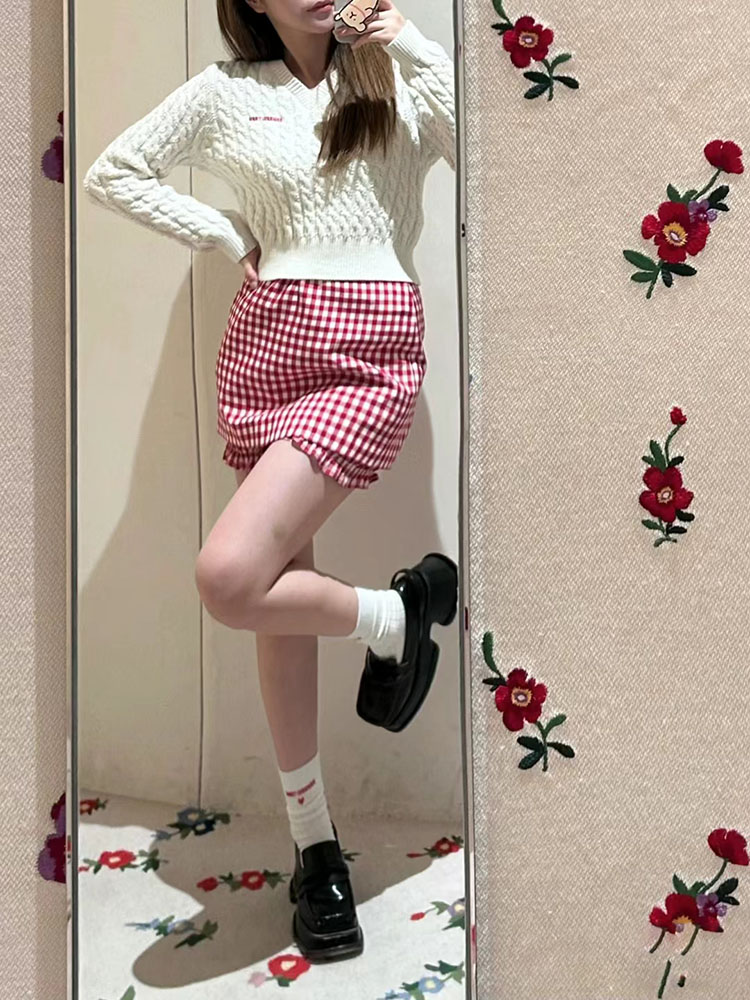 shushu红白格纹设计感双层短半裙