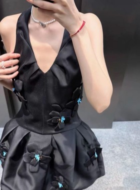 TE shushu明星同款重工艺手工立体花朵设计连衣裙收腰无袖背心裙