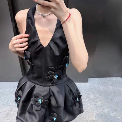 明星同款手工立体花朵无袖连衣裙