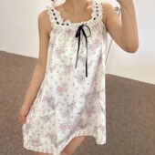 shushu宁艺卓同款 甜美可爱碎花蕾丝花边格纹吊带连衣裙睡衣女