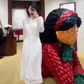 shushu设计感千金温柔风蕾丝长袖 连衣裙收腰显瘦气质拼接长裙