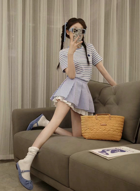 TE shushu 夏季青春baby蓝色格纹短裙拼接花边甜美学院风半身裙女
