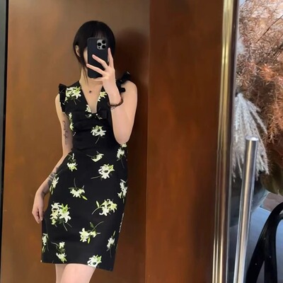 sst法式甜美复古掐腰显瘦连衣裙