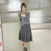 shushu学院风时尚 简约高腰显瘦灰色百褶裙灰色a字过膝半身裙子