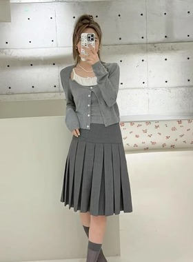 TE shushu学院风时尚简约高腰显瘦灰色百褶裙灰色a字过膝半身裙子