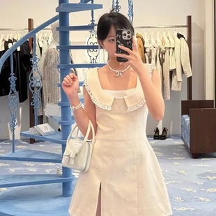 白色提花连衣裙收腰低胸辣妹短裙 TEshushuto纯欲甜美少女感新中式