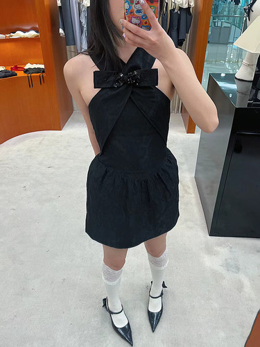 shushu四色新款蝴蝶结碎花连衣裙