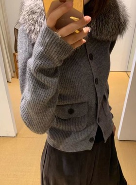 TE markgon高级设计感狐狸毛可拆卸毛领修身显瘦羊毛针织开衫上衣