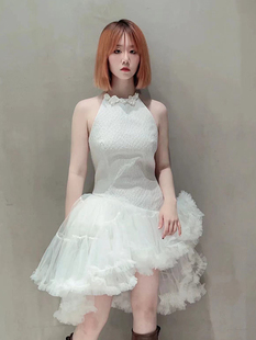 TE shushu 白昼小熊赵露思同款纯欲风挂脖连衣裙不规则网纱蓬蓬裙