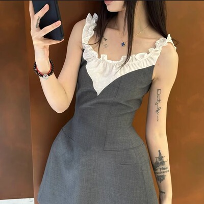 shushu花边拼接纯欲风吊带连衣裙