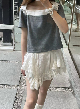 marchen野餐少女灰色格雷系蕾丝拼接短t一字肩上衣女简约宽松短袖