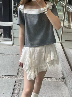 marchen格雷系蕾丝拼接简约上衣