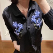 毛衣 气质翻领单排扣开衫 shushu立体花朵装 饰羊毛针织上衣时尚