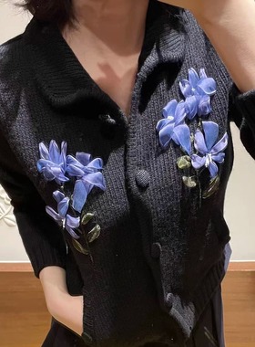 TE shushu立体花朵装饰羊毛针织上衣时尚气质翻领单排扣开衫毛衣