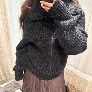 lemair秋日慵懒氛围感中高领拉链针织外套软糯宽松廓形毛衣女