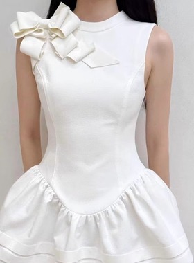 TE shushu甜美可爱蝴蝶结装饰无袖收腰连衣裙时尚气质千金风裙子