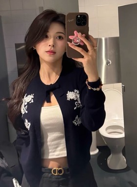 TE shushu早秋重工艺手工刺绣碎花针织毛衣甜美气质通勤针织开衫