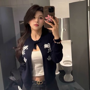 TE shushu早秋重工艺手工刺绣碎花针织毛衣甜美气质通勤针织开衫