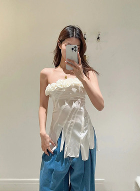TE 设计感绝美甜辣立体玫瑰抹胸上衣明星同款不规则设计飘带上衣