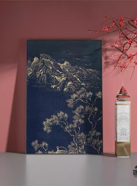新中式卧室茶室客厅装饰画中国风蓝色山水入户玄关壁画竖版挂画