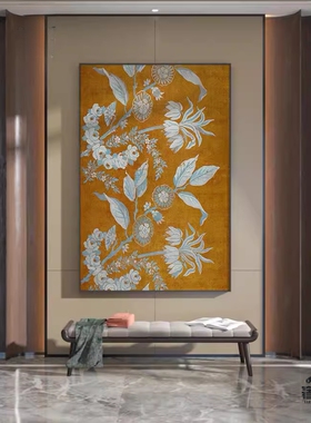新中式黄色复古花鸟南洋风茶室客厅样板间装饰画玄关壁画竖版挂画