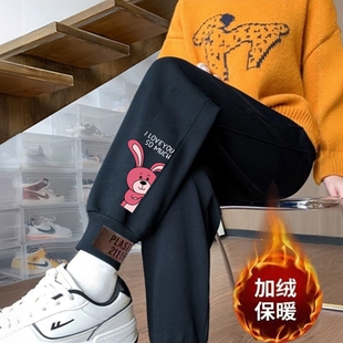 新款 冬季 束脚哈伦裤 宽松大码 加绒运动裤 胖mm休闲裤 女加厚保暖卫裤
