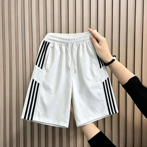 冰丝速干运动短裤子女夏季薄款宽松休闲裤潮流条纹拼接直筒五分裤
