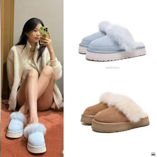 赵露思同款蓝色雪地靴厚底外穿半拖桑坡蒂茨库特羊毛绒包头毛毛鞋