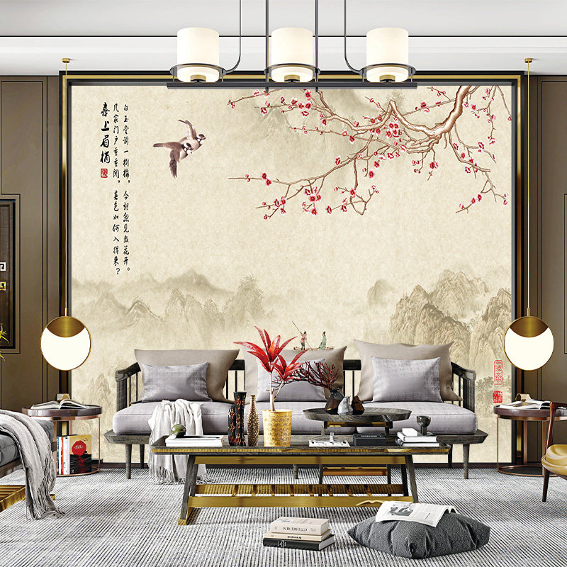 独绣刺绣无缝壁布印加绣花鸟画喜上眉梢客厅电视背景墙布新中式