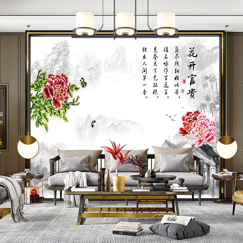 独绣刺绣无缝壁布印加绣牡丹花开富贵客厅电视沙发背景墙新中式