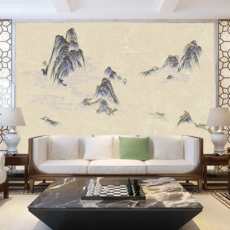 独绣新款艾意独秀新山水客厅电视床头背景墙轻奢整幅无缝刺绣壁布