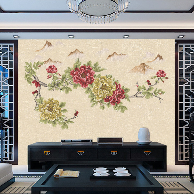 牡丹花鸟刺绣独绣无缝壁布壁画新中式家用客厅电视沙发背景墙