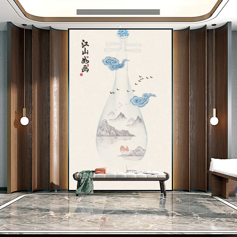 独绣刺绣无缝壁布挑高山水画余音绕梁客厅电视沙发背景墙布新中式