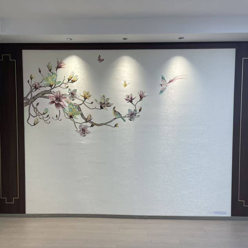 言绣独绣花鸟刺绣新中式背景墙布玉兰花春色满园客厅沙发高端定制