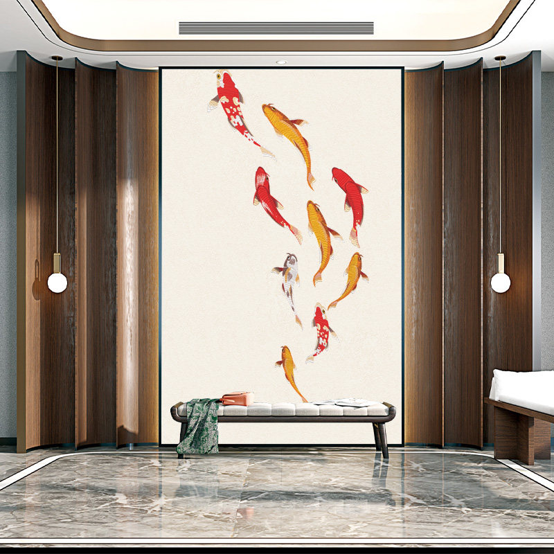 玄关九鱼图独绣刺绣无缝壁布鱼客厅电视沙发背景墙布新中式