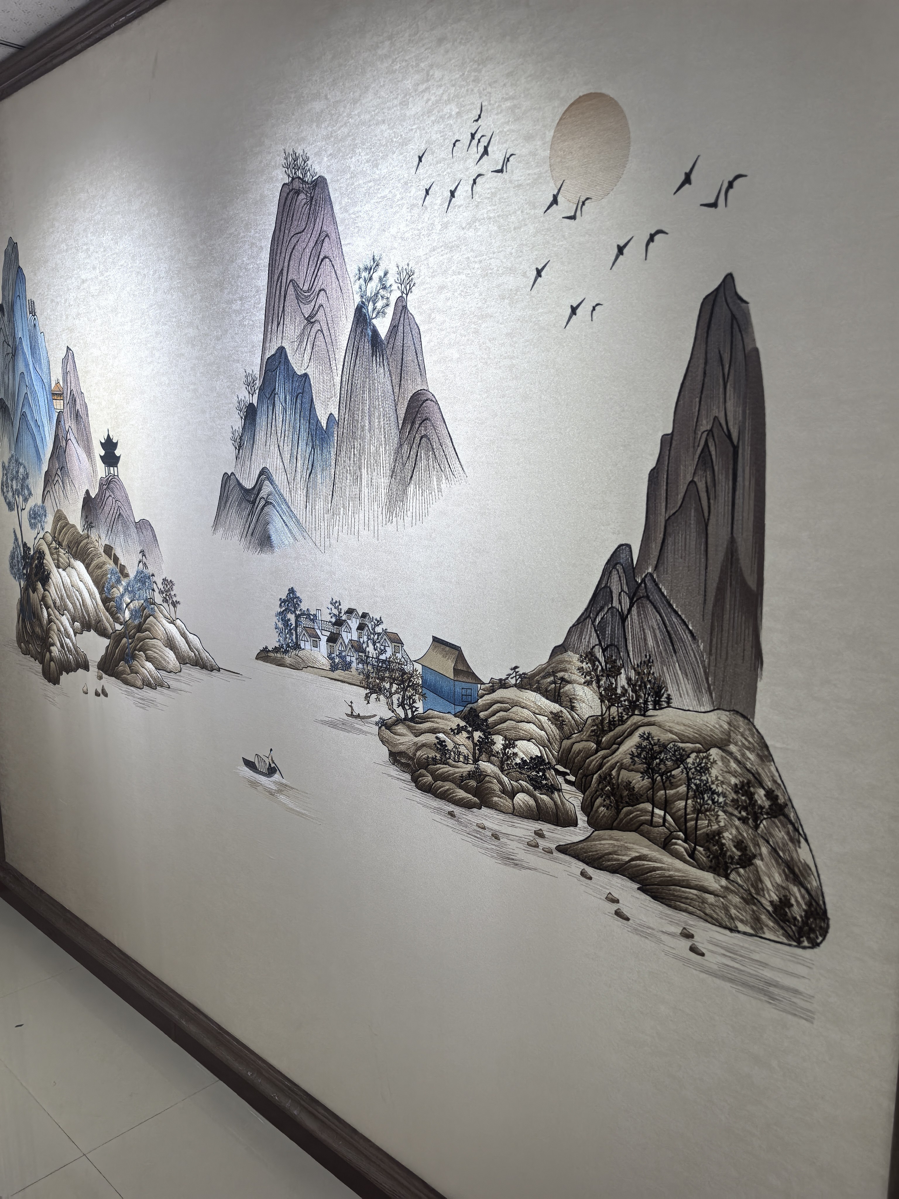 言绣独绣刺绣无缝壁布现代中式客厅沙发电视背景墙布新中式山水