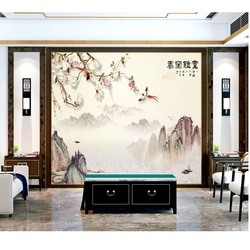 印加绣无缝刺绣墙布新中式客厅沙发卧室简约无缝壁画花鸟山水包邮