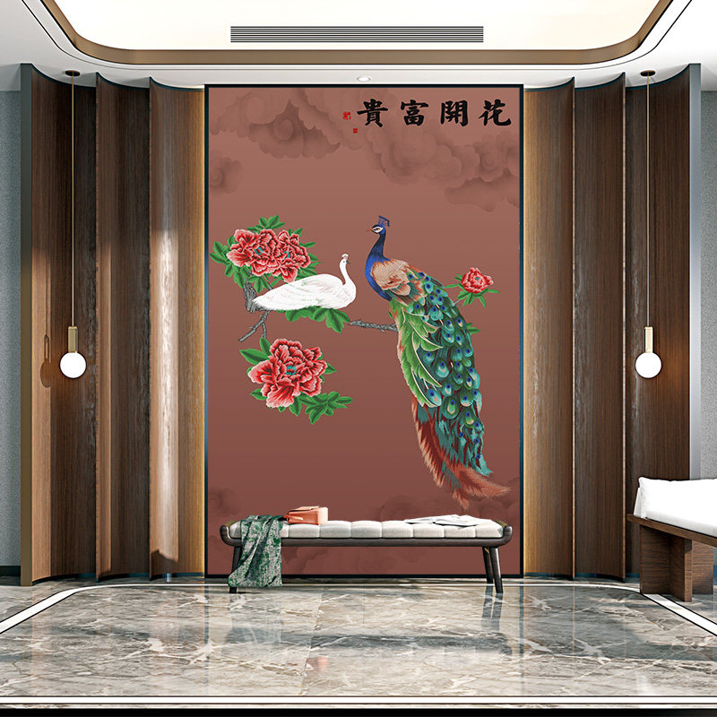 独绣刺绣无缝壁布挑高印加绣孔雀客厅沙发玄关背景墙布新中式